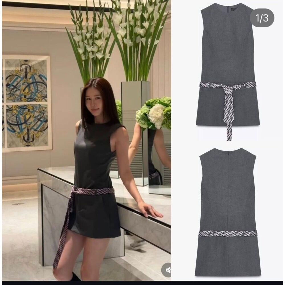 NWT Zara short dress with a tie belt in charcoal grey.